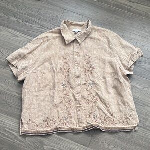 Dressbarn | 100% Linen Button Up Shirt Brown Floral Short Sleeve Embroidery 22W